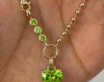 2CT Heart Cut Peridot Pendant with 3MM Round Cut Dog Clip Clasp For Necklace Green Lab Diamond Charm 14K Yellow Gold August Birthstone Charm