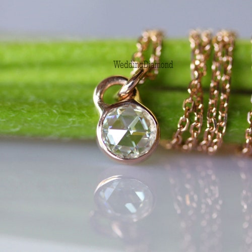 White Moissanite Pendent 14k Rose Gold Necklace 7mmRound Rose Cut Moissanite Necklace Bezel Set Diamond Necklace Unique Pendent shops Gift For Her