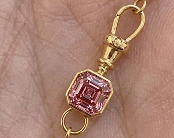 14kGold Swivel Dog Clip Catch Fob Charm For Necklace 6MM Asscher Pink Lab Diamond Bezel Swivel Charm Holder Watch Clip Jewelry Connector