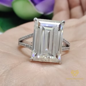 7.00 TW Emerald Cut Colorless Moissanite Engagement Ring, Hidden Halo Pave Set Traditional Split Shank Ring, 925 Silver Wedding Bridal Ring