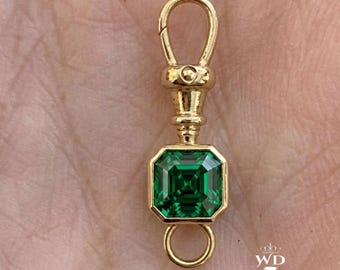 10kGold Swivel Dog Clip Clasp Catch Fob Charm For Necklace 5MM Green Asscher Lab Diamond Bezel Set Charm Holder Watch Clip Jewelry Connector