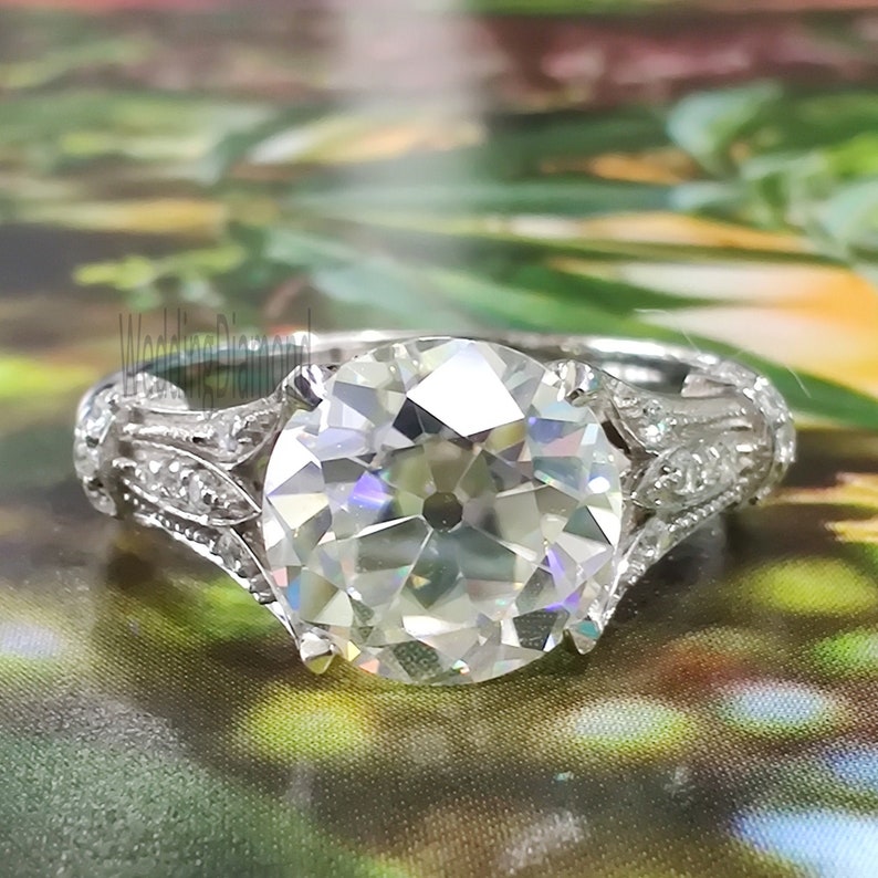 Round Old Mine Moissanite Engagement Ring 8 MM Colorless Moissanite 1.75Ct Vintage Engagement Ring 925 Sterling Silver Art Deco Wedding Ring