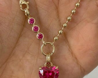 2CT Heart Cut Pendant with 3MM Round Cut Dog Clip Clasp For Necklace Tourmaline Pink Lab Diamond Charm 14K Gold October Birthstone Charm