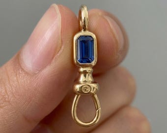 5x3mm Emerald-Cut Color Lab Diamond Connector Charm-Bezel Set 10K Pendant Lobster Style Catch Fob-Necklace Swivel Dog Clip-Jewelry Clasp