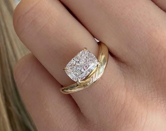 2CT East West Cushion Cut Lab Diamond Pinky Ring 4 Prong Solitaire Teardrop Shape Moissanite Diamond Ring | Gold Promise Ring | Gift For Her
