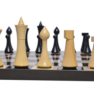 Unique Minimalist Hermann Ohme Chess Pieces- Ebonised &  Natural boxwood-2 Extra Queens| Best Gift Chess Sets