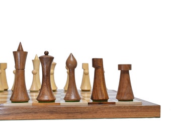 Unique Minimalist Hermann Ohme Chess Pieces- Sheesham(Golden Rosewood) &  Natural boxwood-2 Extra Queens| Christmas Special Gifting