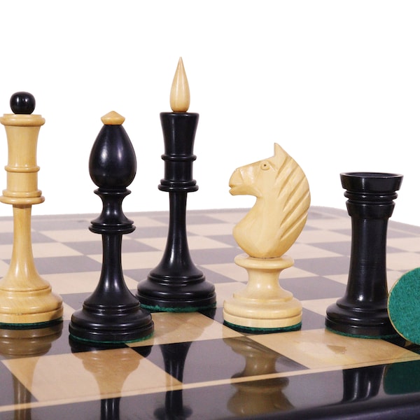 Russian Soviet Averbakh Chess Set- An iconic Soviet Series Weighted Chess Pieces In Ebonized Boxwood With Extra Queens