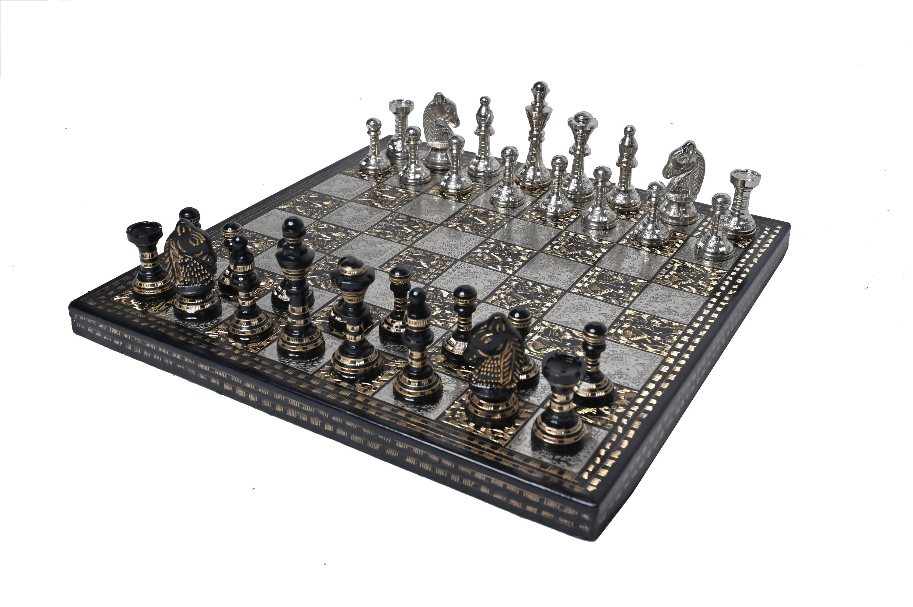 12 Brass Metal Chess Pieces & Board Set Tribal Artwork -  Portugal