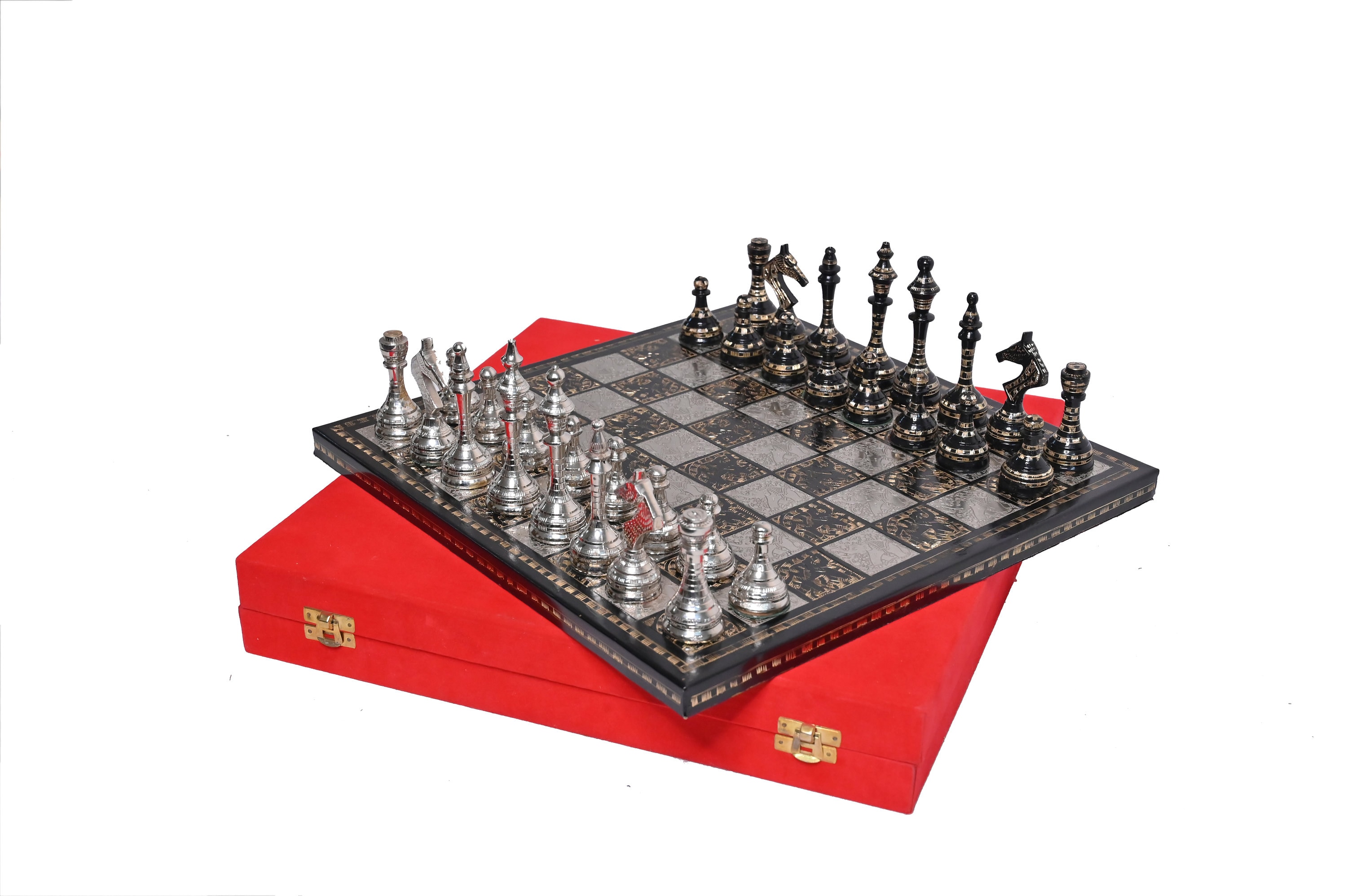Royal Chess Mall Soviet Inspired Handcarved Brass Luxury Chess Pieces &  Board Set | 14 Chess Board with 32 Chess Pieces Silver and Black | 12.3  lbs