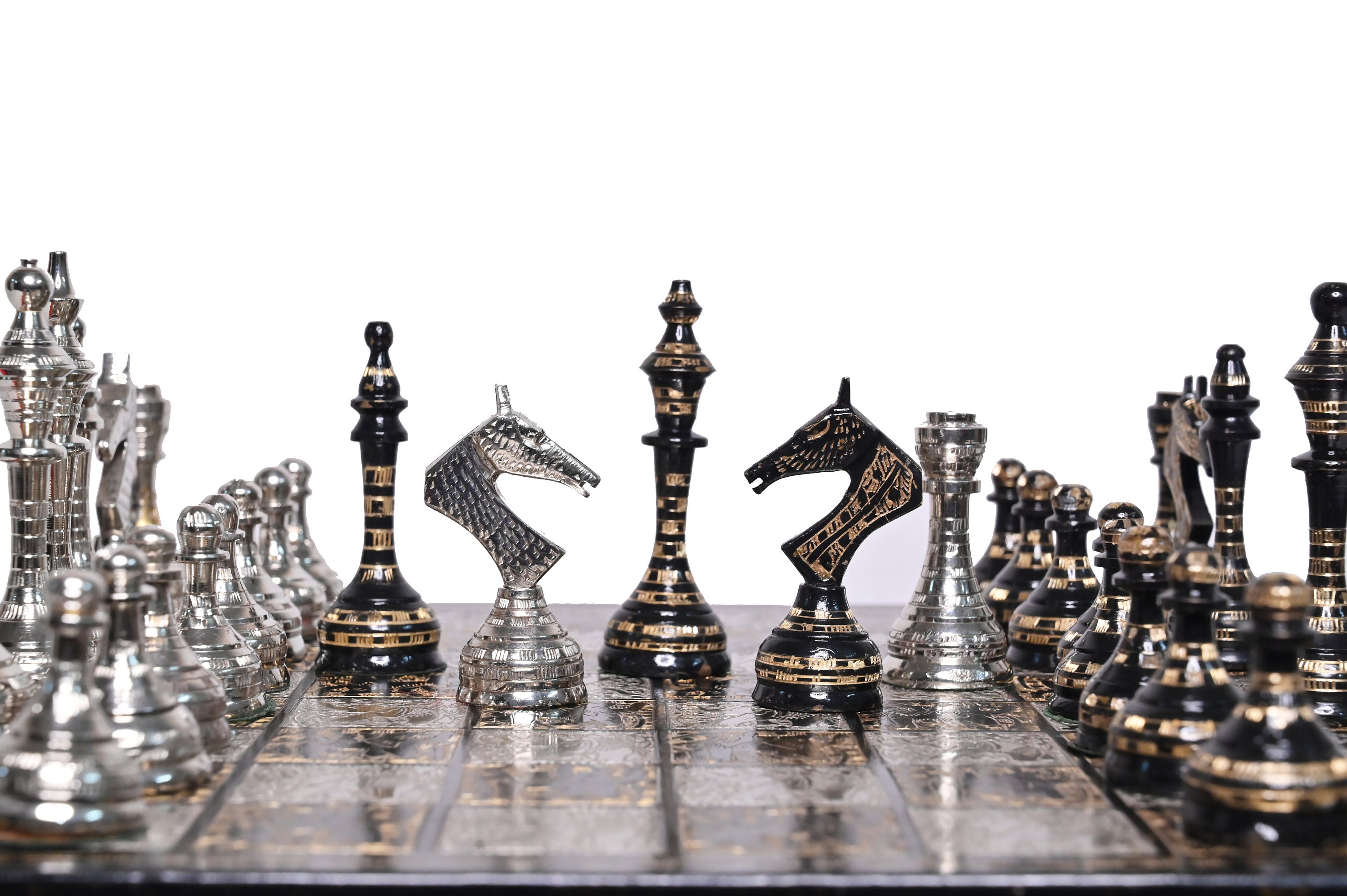 Soviet Inspired Brass Metal Luxury Chess Pieces & Board Set- 14