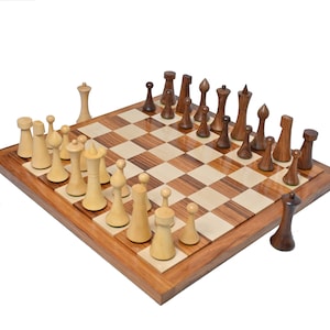 Unique Minimalist Hermann Ohme Chess Pieces SheeshamGolden Rosewood & Natural boxwood-2 Extra Queens Christmas Special Gifting Chess Pieces+Board