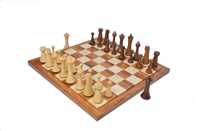 Unique Minimalist Hermann Ohme Chess Pieces SheeshamGolden Rosewood & Natural boxwood-2 Extra Queens Christmas Special Gifting Chess Pieces+Board