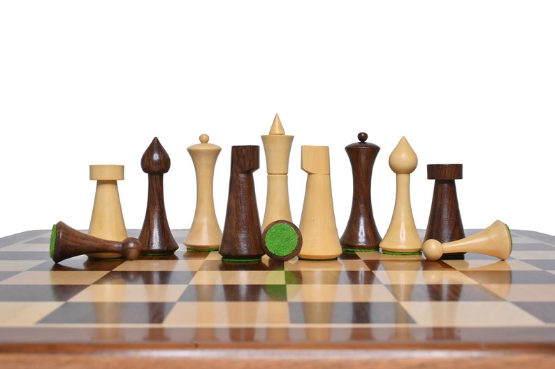 Unique Minimalist Hermann Ohme Chess Pieces SheeshamGolden Rosewood & Natural boxwood-2 Extra Queens Christmas Special Gifting image 5