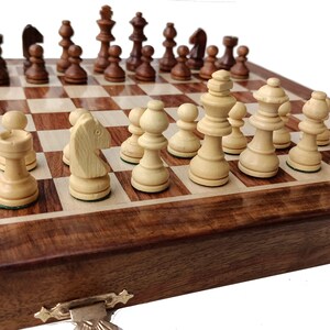Tablero de ajedrez plegable de 14" con ajedrez Staunton Set de ajedrez de viaje Palosanto de oro (Sheesham)/Boj Mejor regalo para él o ella / Tablero portátil