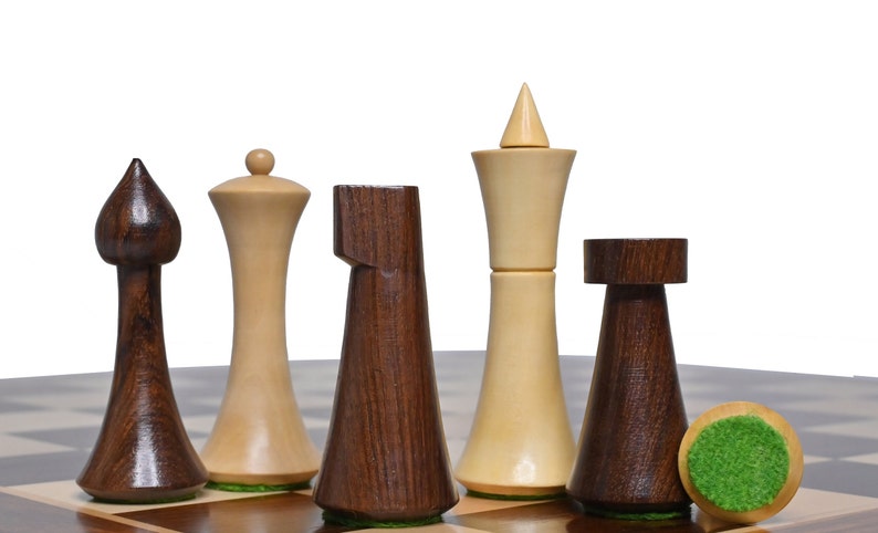 Unique Minimalist Hermann Ohme Chess Pieces SheeshamGolden Rosewood & Natural boxwood-2 Extra Queens Christmas Special Gifting image 2