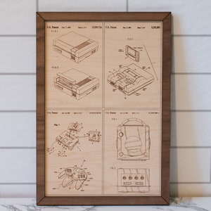 Nintendo Wall Art, Classic Gaming Systems Patent Display, Wood Engraved Nintendo Design
