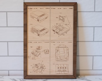 Nintendo Wall Art, Classic Gaming Systems Patent Display, Wood Engraved Nintendo Design