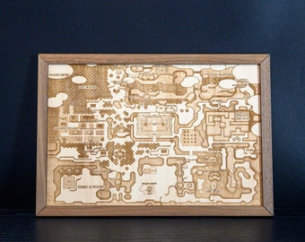 Legend of Zelda Link to the Past Map, Engraved Wood Zelda Poster