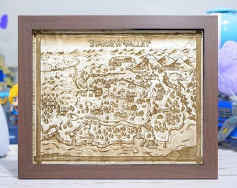 Stardew Valley Map, Wood Engraved Display Map Art