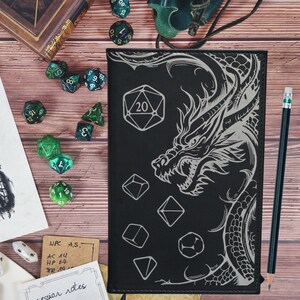 Dragons and Dice Notebook/Sketchbook - Fully Engraved Fantasy Journal - Refillable Vegan Leatherette with Gift Box - Personalized Option