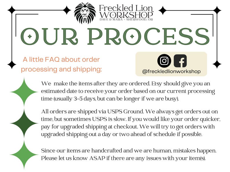 May include: A white background with the text "OUR PROCESS" in green. The text explains order processing and shipping details, including estimated delivery times and shipping methods. The logo for Freckled Lion Workshop is at the top.