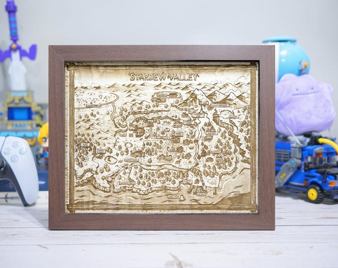 Stardew Valley Map, Wood Engraved Display Map Art