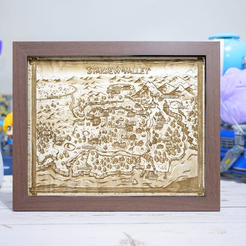 Stardew Valley Map, Wood Engraved Display Map Art