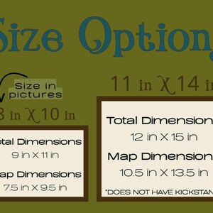 May include: An image with text that reads "Size Options" in teal script. It displays size options for pictures, including 8x10 inches, 11x14 inches, and their corresponding total and map dimensions. The text "Does not have kickstand" is also present.
