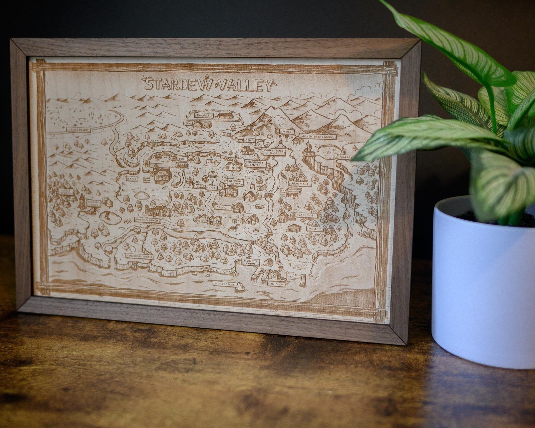 Stardew Valley Map, Wood Engraved Display Map Art