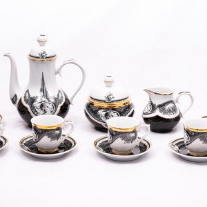 Sisters - By Laszlo Jurcsak - Rare coffee set - Vintage porcelain service - Black and gold - Exclusive Hollohaza studios - &#39;60s Studio Szasz