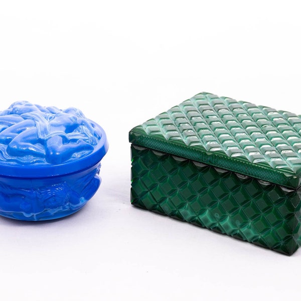 Malachite and Lapis - By Hoffmann & Schlevogt - Ingrid collection - Green blue czech art glass - Bohemian art deco -Jewellery box set - '30s