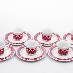 Retro mandala - Vintage 6 person breakfast set - Kahla porcelain Bavaria GDR - Art-deco motifs - Red & blue - From the &#39;70s - Germany