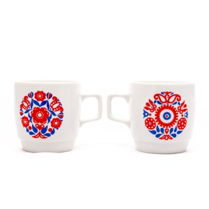 Folksy floral - Vintage Zsolnay Pecs porcelain - Big cocoa mug set - Retro drinkware - Red & blue art-deco - Made in Hungary - From the &#39;50s