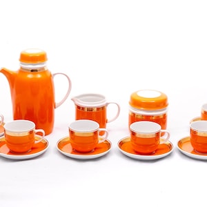 Classic orange and gold - Vintage - Art-Deco Hollohaza Porcelain - Retro coffee or tea set - From the &#39;60s - Made in Hungary