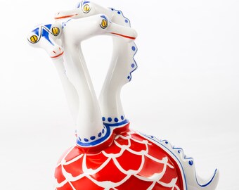 Fiery menace - Vintage Hollohaza Porcelain - three headed dragon - Hand painted figurine - From the &#39;70s - Made in Hungary