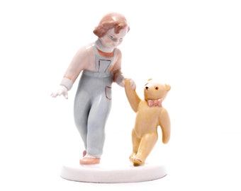 Girl with Teddy bear - Vintage Aquincum Budapest Porcelain - Child kid with toy - Hand painted figurine - From the '60s - Made in Hungary