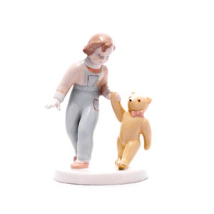 Girl with Teddy bear - Vintage Aquincum Budapest Porcelain - Child kid with toy - Hand painted figurine - From the &#39;60s - Made in Hungary