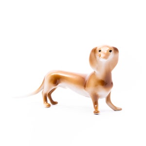 Art-deco dachshund - Vintage Hollohaza Porcelain - Mcm Minimal - Brown & black - Hand painted animal figurine &#39;60s - Made in Hungary rare