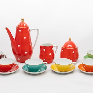 Rainbow polka dots - Colorful vintage 6 person Hollohaza porcelain - Rare coffee tea set from Hungary - Made in the '60s