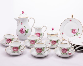 Roses roses - Ensemble de petit-déjeuner vintage pour 6 personnes - Rda de Bavière de Tirschenreuth - Service à thé et assiettes à pâtisserie - Motifs de fleurs bohèmes - Années 70