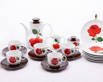 Roses rouges - Ensemble de petit-déjeuner vintage pour 5 personnes - Rda de Bavière Winterling - Assiettes à thé pâtissières - Motifs floraux du milieu du siècle, années 70