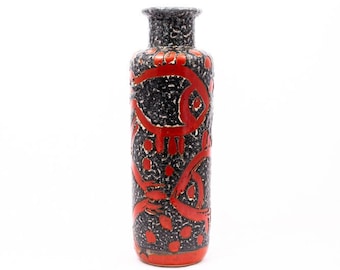 Pecera - Jarrón de cerámica - Cerámica artística hecha a mano - Decoración vintage retro para el hogar - Negro y naranja - Scheurich estilo de lava gorda - '50s Hungría