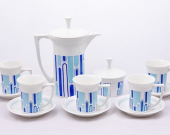 Metropolis - Service à thé/café vintage pour 5 personnes - Style Memphis - Porcelaine Cero - Blanc et bleu - Motifs mcm modernes du milieu du siècle, Roumanie des années 70