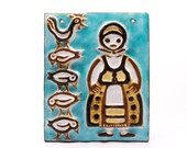 Farmyard - Retro wall hanging - Vintage hungarian ceramics - woman with hens - Hand sculpted painted - From the 39 50s - By Agnes Borsody