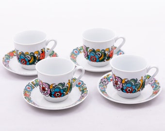 Flower power - Vintage Tee-/ Kaffee-Set für 4 Personen - Kahla Bavaria DDR - Regenbogen - Acapulco Stil - Mid-Century Modern mcm Motive 70er Jahre