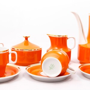 Classic orange - Vintage 6 person Hollohaza porcelain coffee set - With gold plating - From the &#39;60s - Made in Hungary - Wedding gift