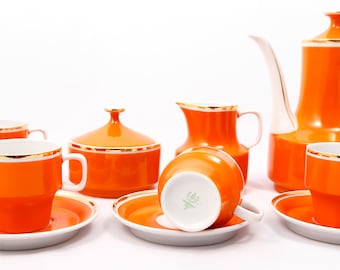 Classic orange - Vintage 6 person Hollohaza porcelain coffee set - With gold plating - From the &#39;60s - Made in Hungary - Wedding gift