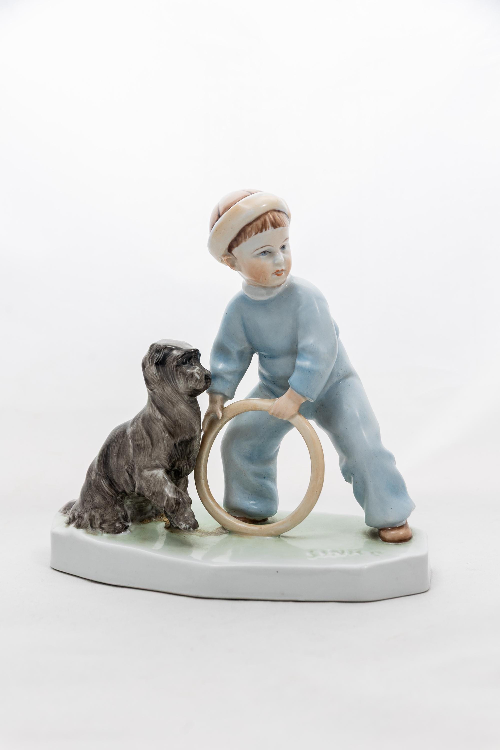 Fun With the Dog - Vintage Zsolnay Pecs Porcelain - Boy With Hoop