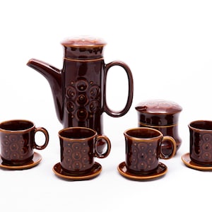 Heiße Schokolade - Vintage 4 Personen Kaffee / Tee Set - Germany DDR Keramik - Glänzende dunkelbraune Glasur - Kessel Topf Becher Tasse - 60er Ofen Keramik